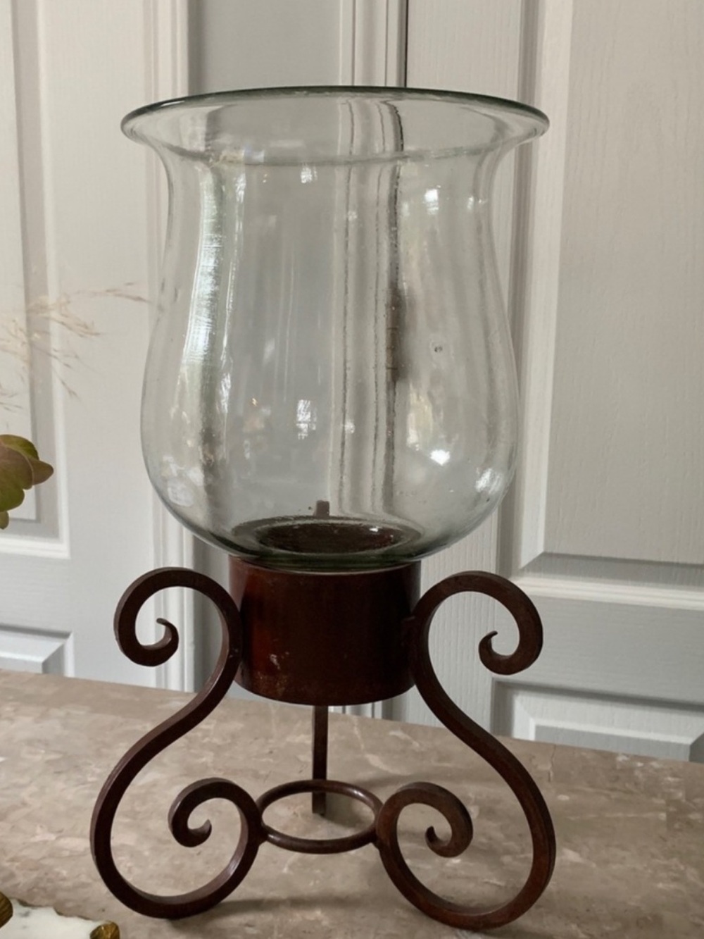Rustic Brown Scroll Hurricane Candle Holder with Clear Glass